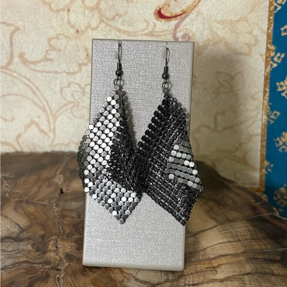 Beaded Silver Mesh Swing Dangle Earrings